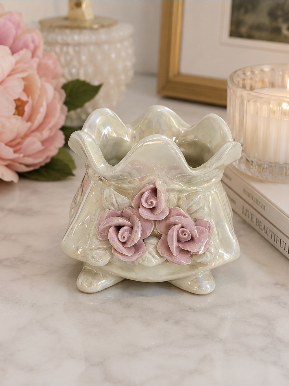Ceramic Floral Footed Vase | Pink Rose Planter | Iridescent Cream Vase | New